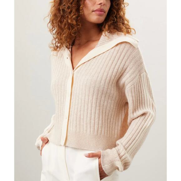 NAADAM Cream Cardigan Sweater LARGE Coastal Oversize Cashmere Collared $295 - Picture 2 of 9